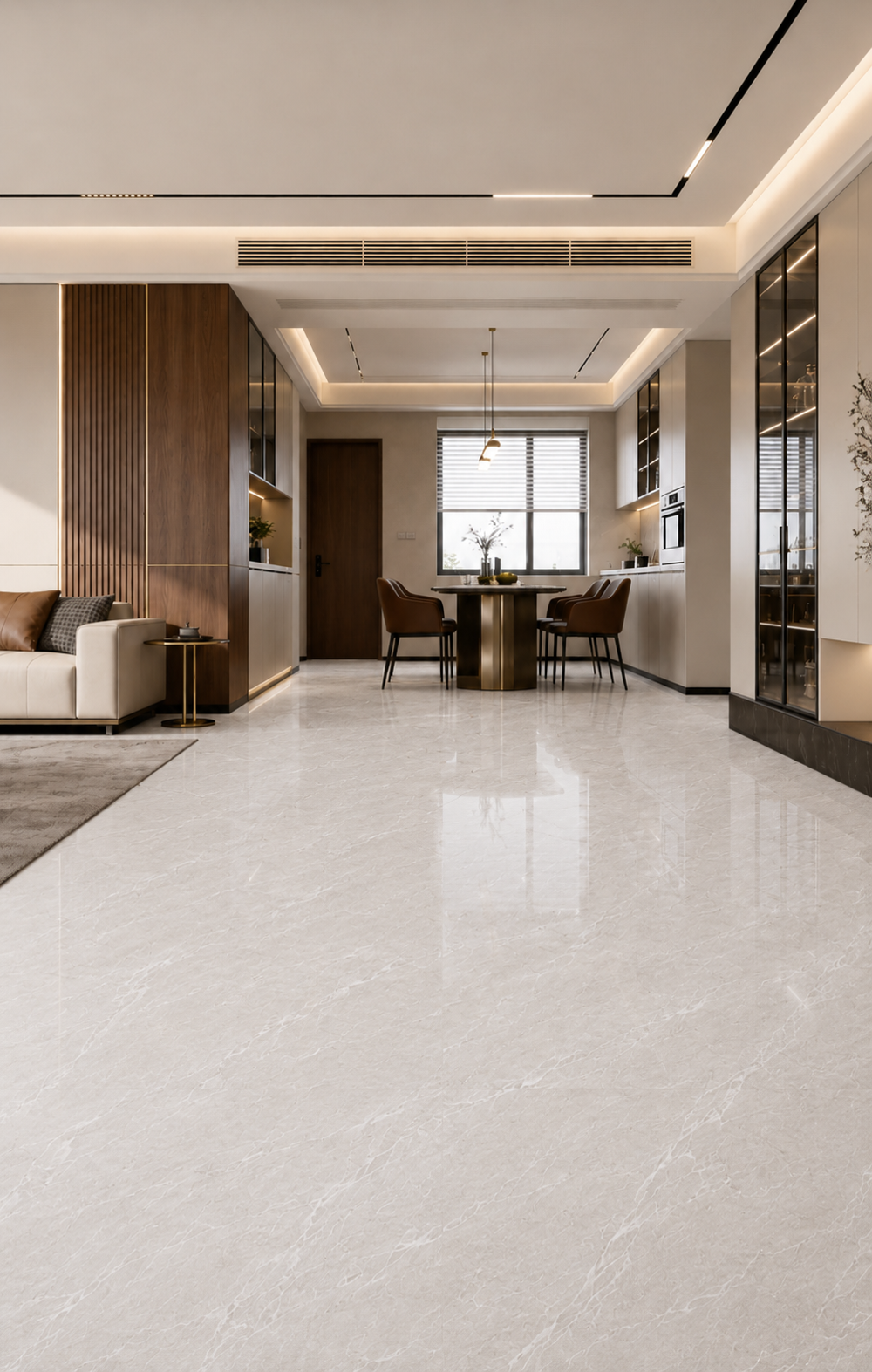 Expansive white marble flooring