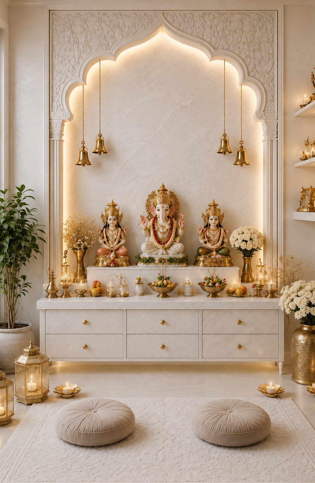 Luminous pooja room finished in white marble