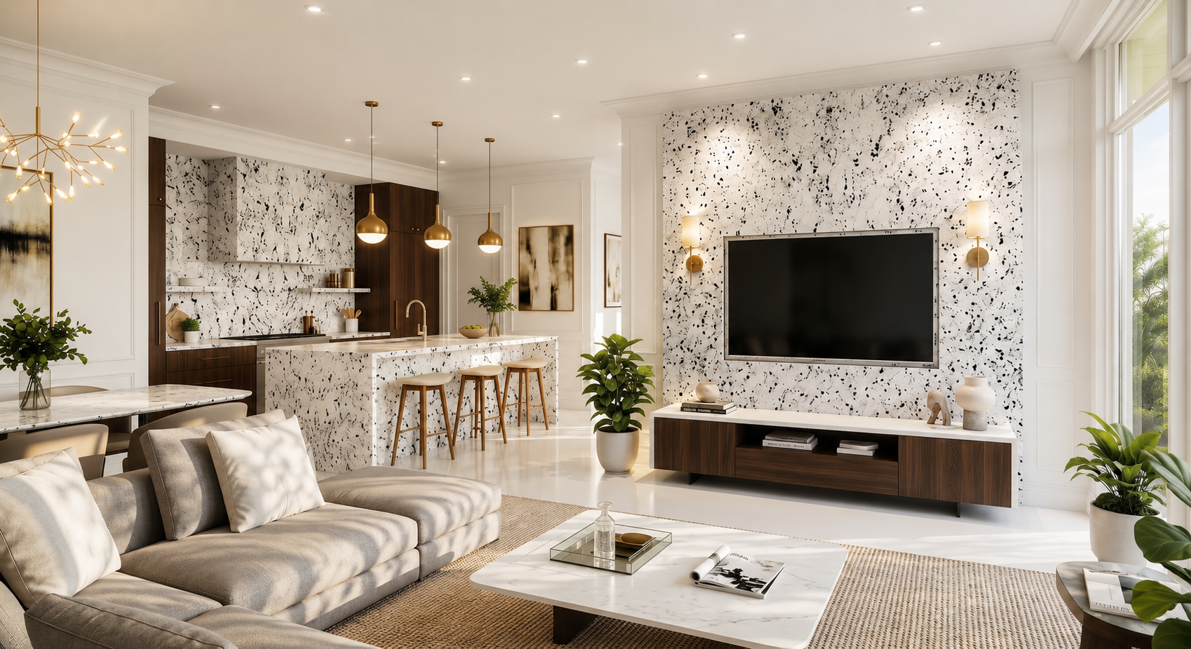 Grand architectural interior with sculpted natural stone and high ceilings