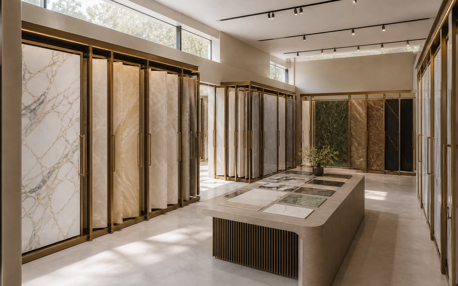 Full-height white marble slabs displayed for selection