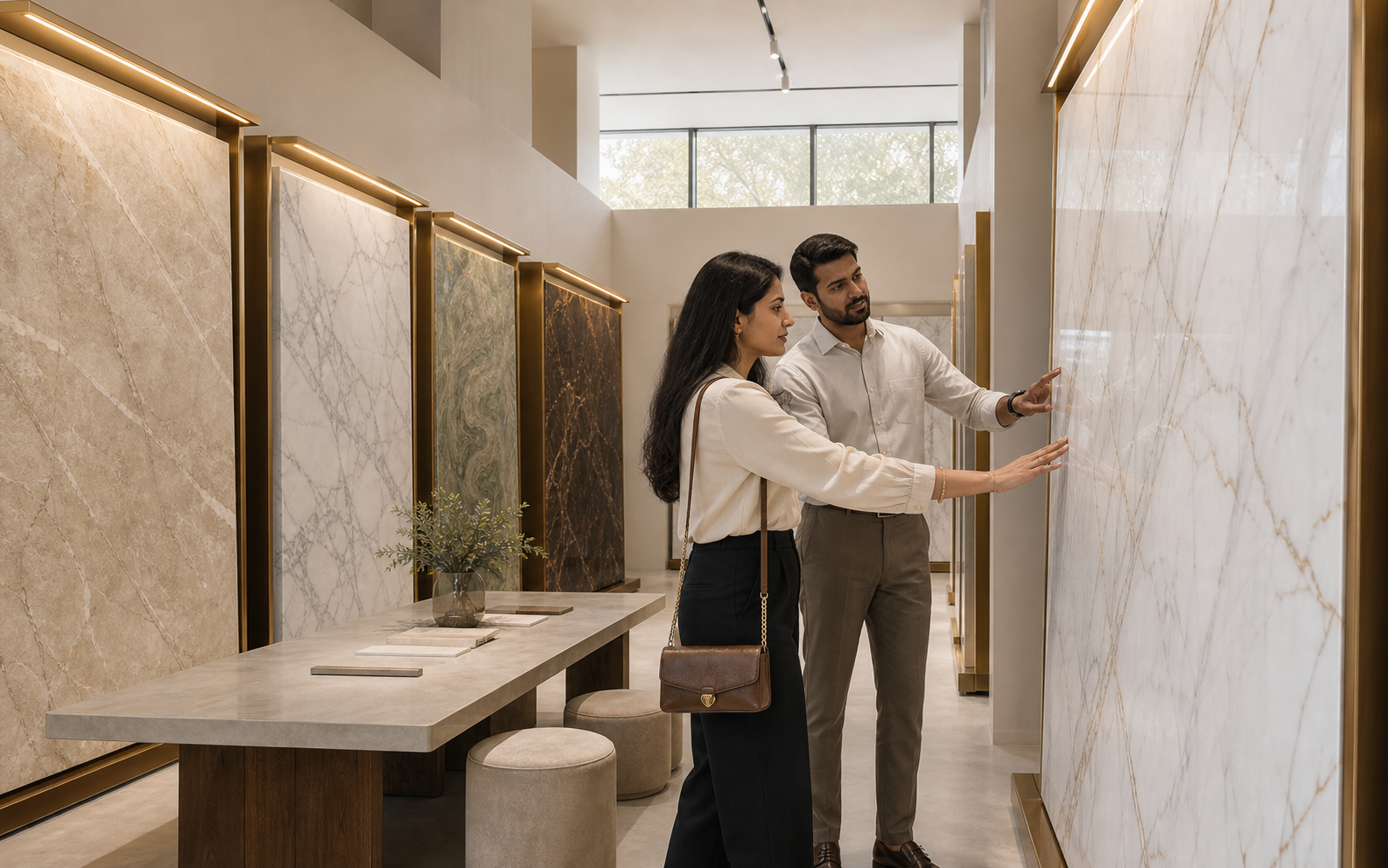 Visitor examining a white marble slab with guidance from a showroom consultant