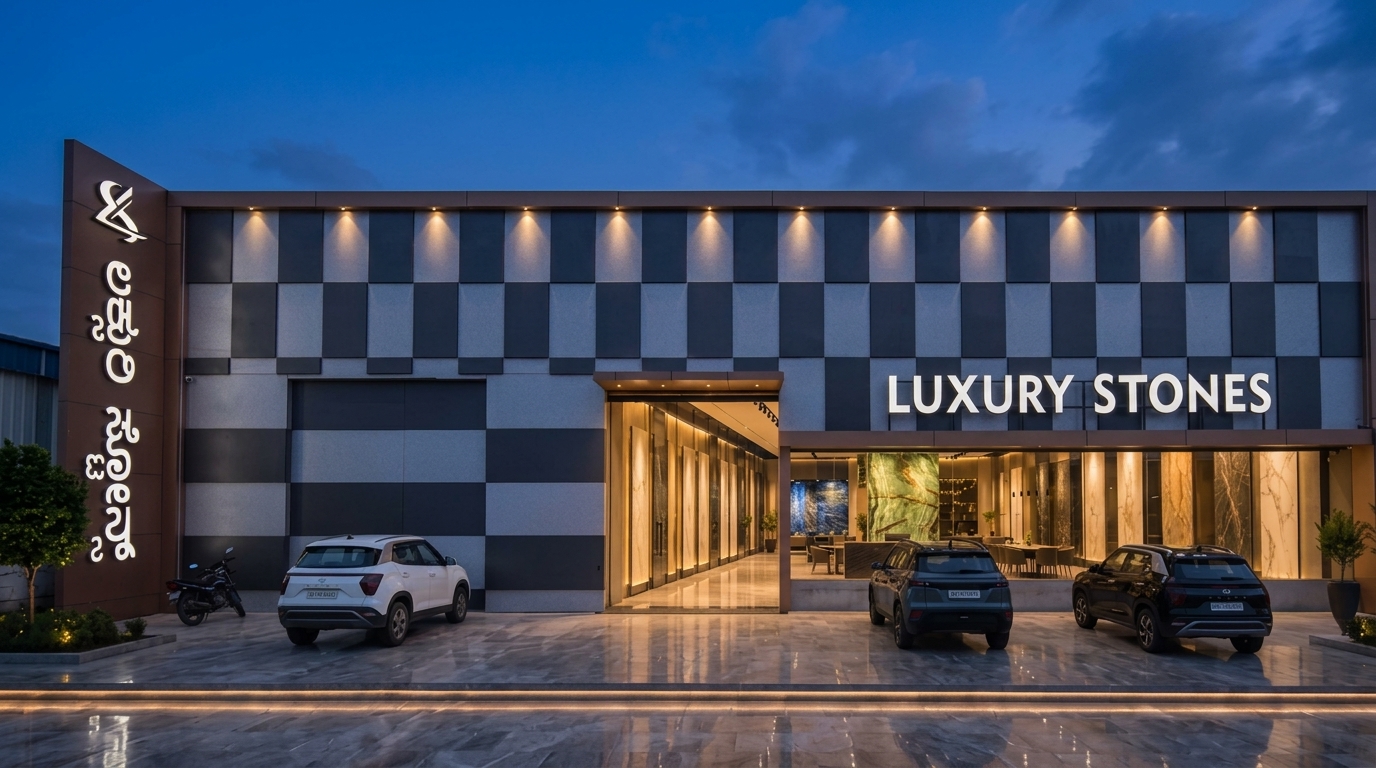 Luxury Stones flagship showroom and experience center facade in Jigani, Bengaluru