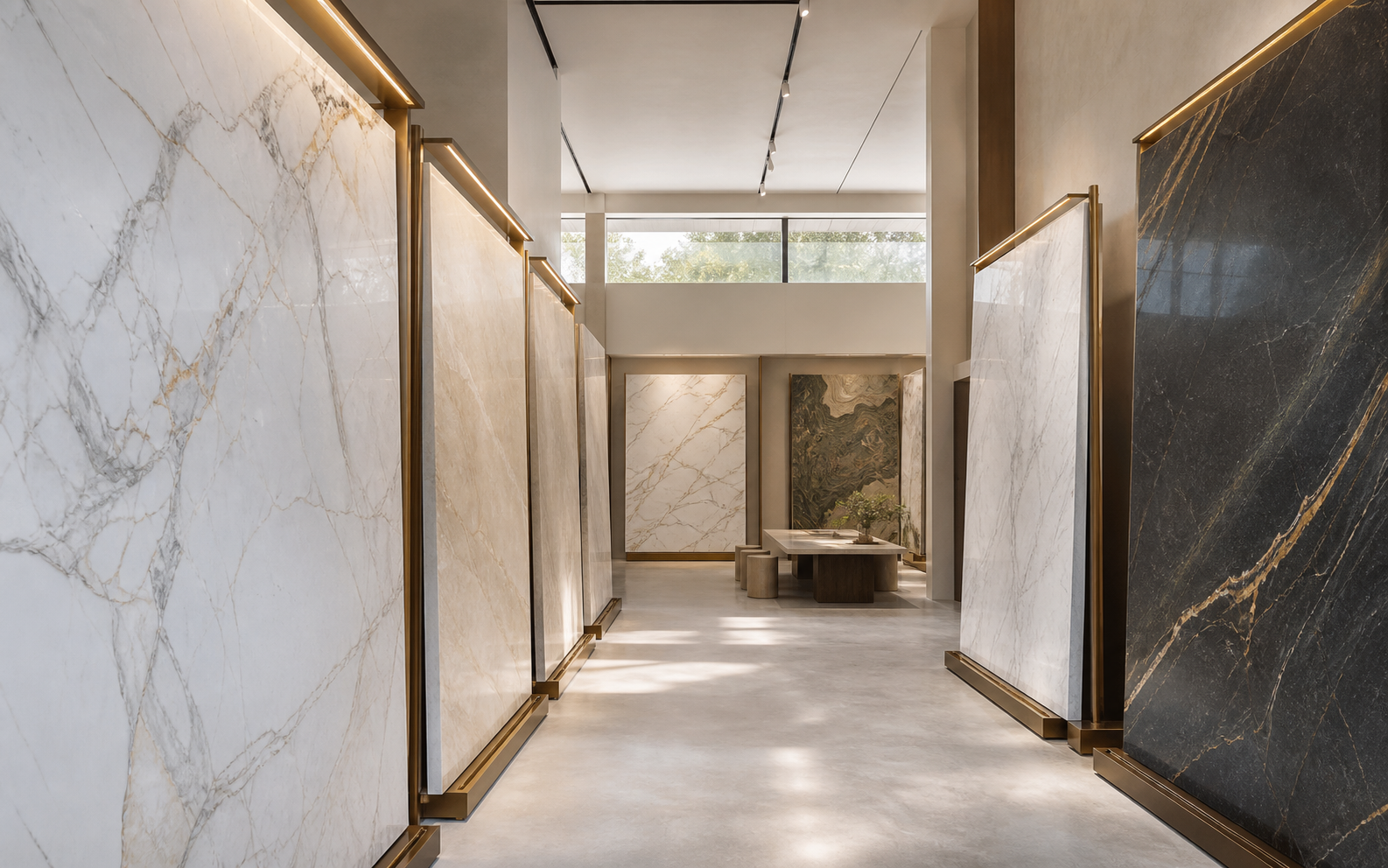 Main showroom gallery with full-height marble and quartzite slab displays