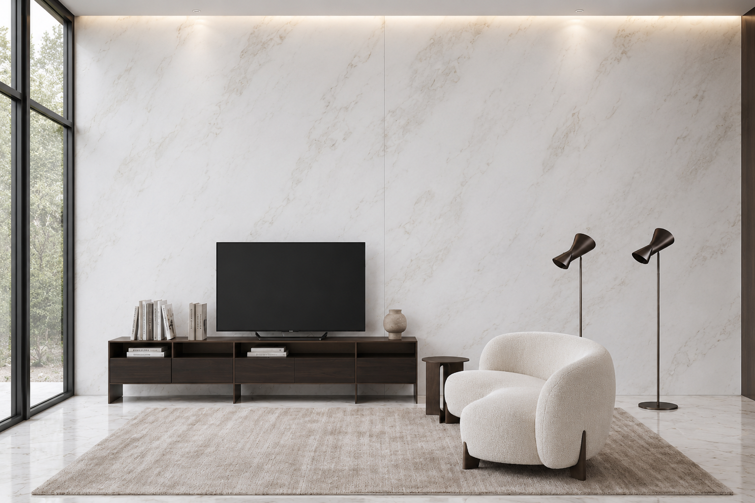 Modern luxury media salon featuring full-height symmetrical bookmatched Namibia White marble wall paneling