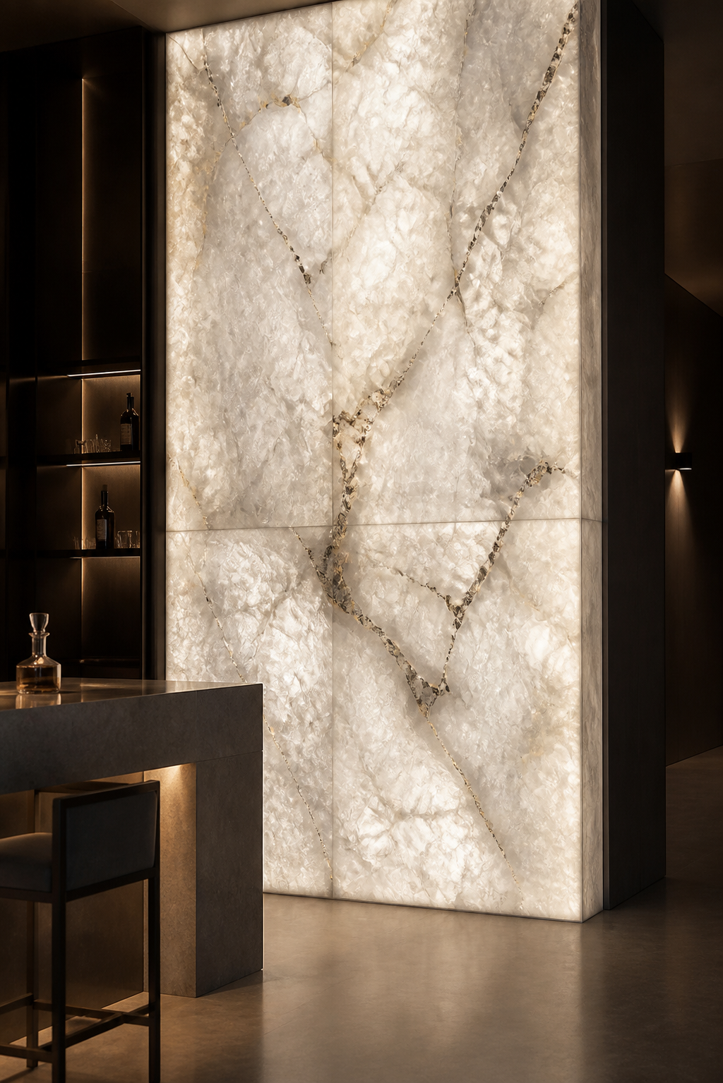 Backlit Cristallo quartzite feature wall in a contemporary bar interior