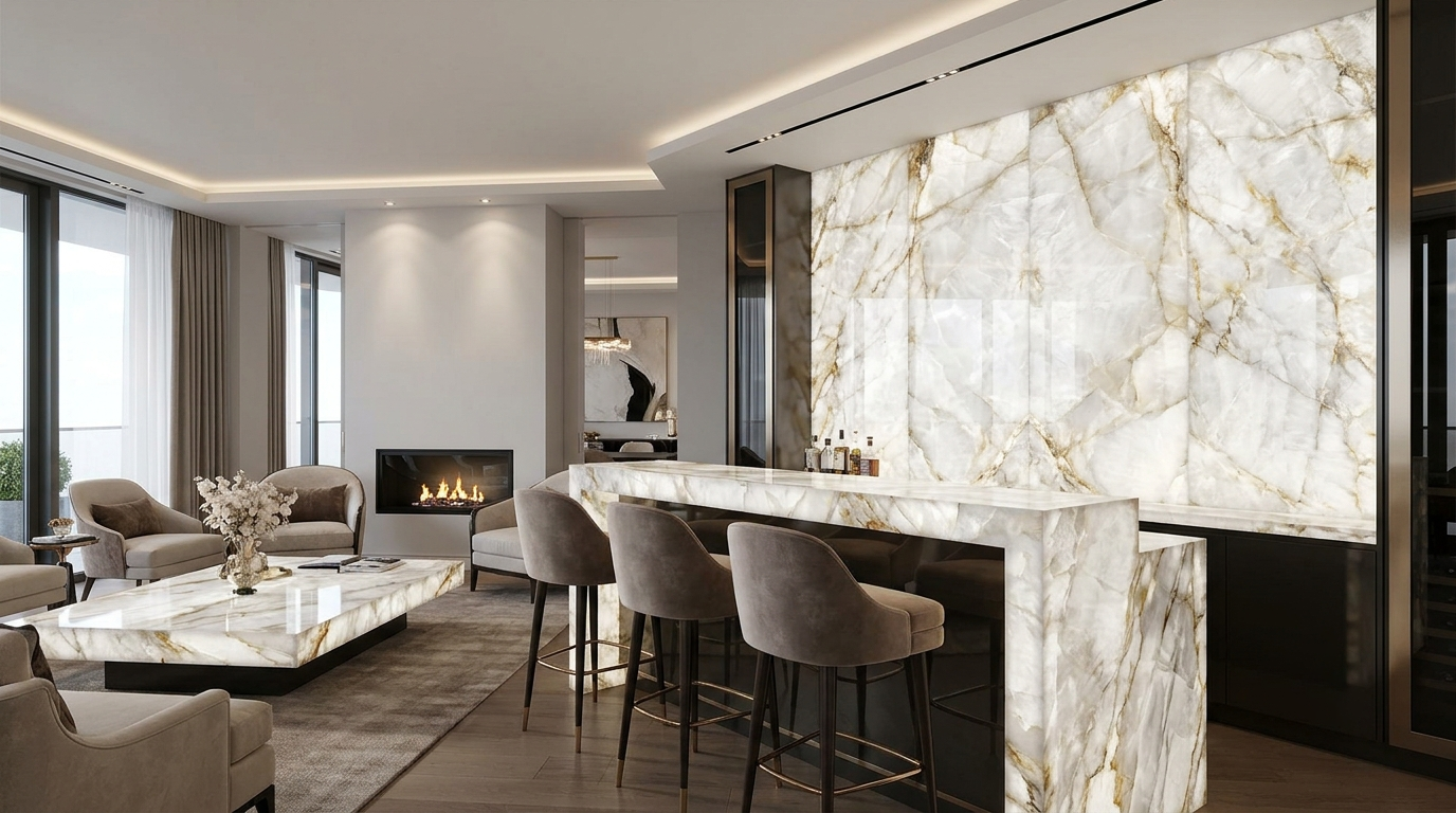 Cristallo quartzite used as a luminous architectural surface