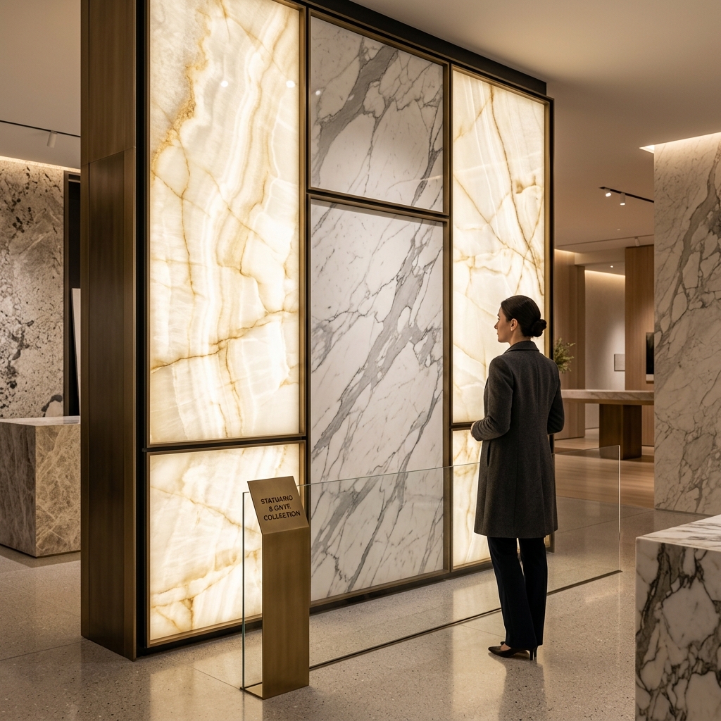 Visitor viewing backlit marble in Jigani showroom