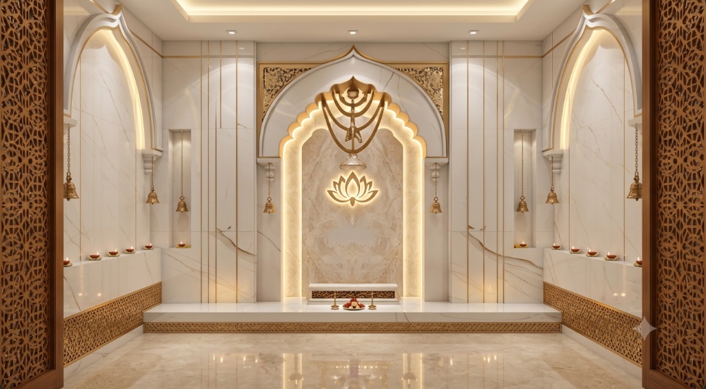 Artisanal luxury temple sanctuary crafted with pristine white marble, backlit arches, and gold inlays