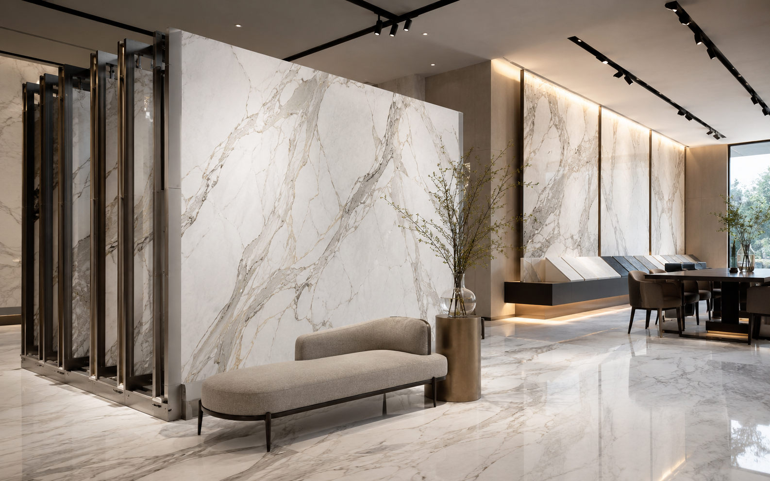 Full scale Statuario slabs in showroom