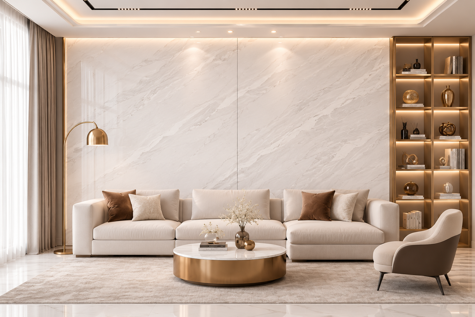 Luxury living room featuring a grand bookmatched golden-veined white marble accent wall and custom brass accents